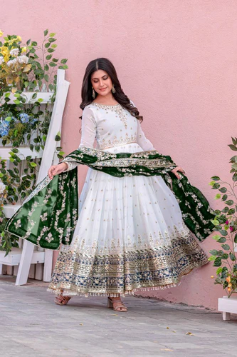 white elegant party wear heavy faux georgette